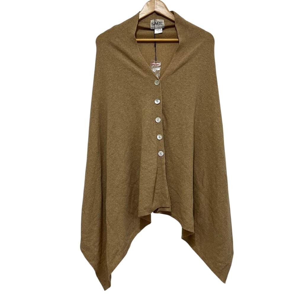 SAOL Women's Wool Button Poncho Shawl Wrap in Camel